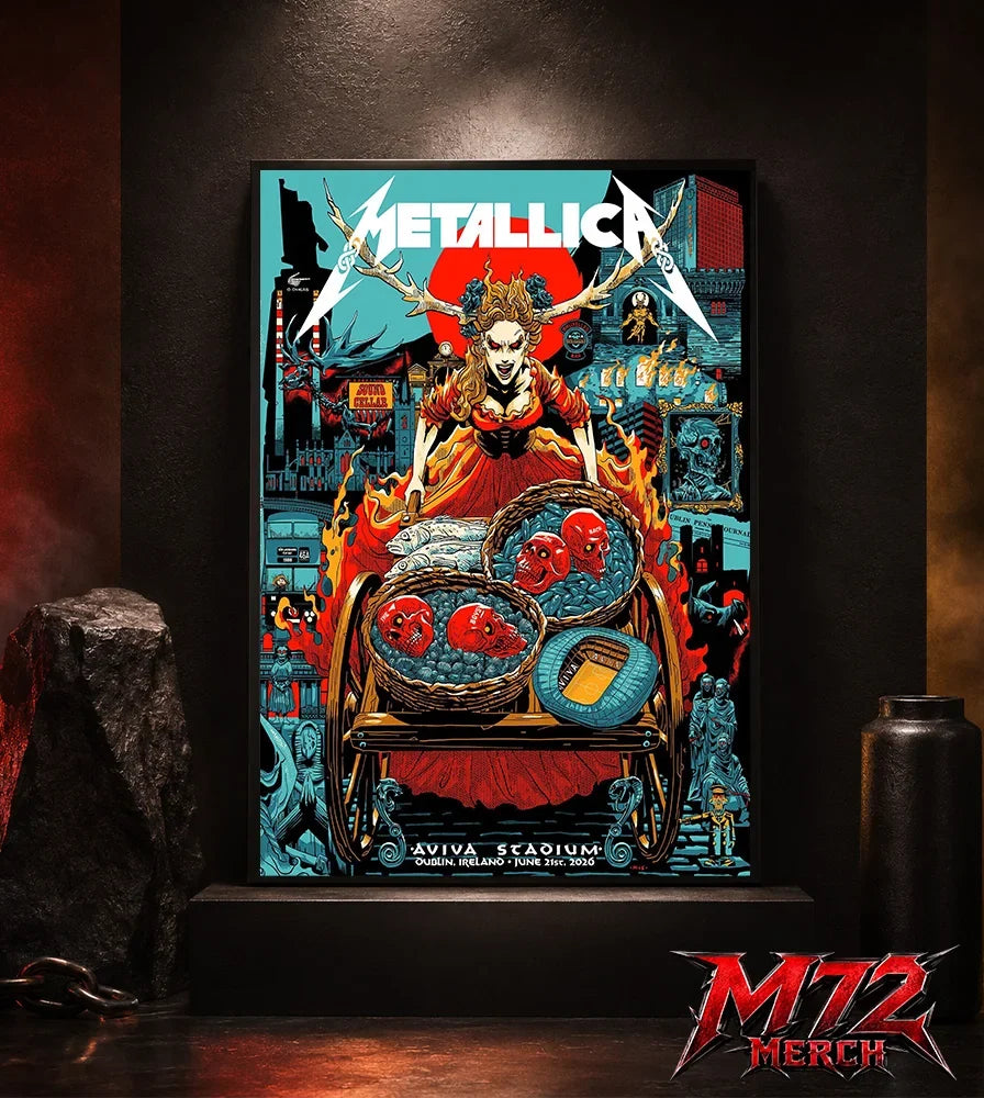 Metallica M72 World Tour June 21 2026 Dublin Ireland Aviva Stadium poster canvas featuring Fire Queen Cart Artwork with fiery queen figure, skull baskets, blue stones, red sun, Dublin city details, gothic characters, and dark fantasy heavy metal artwork